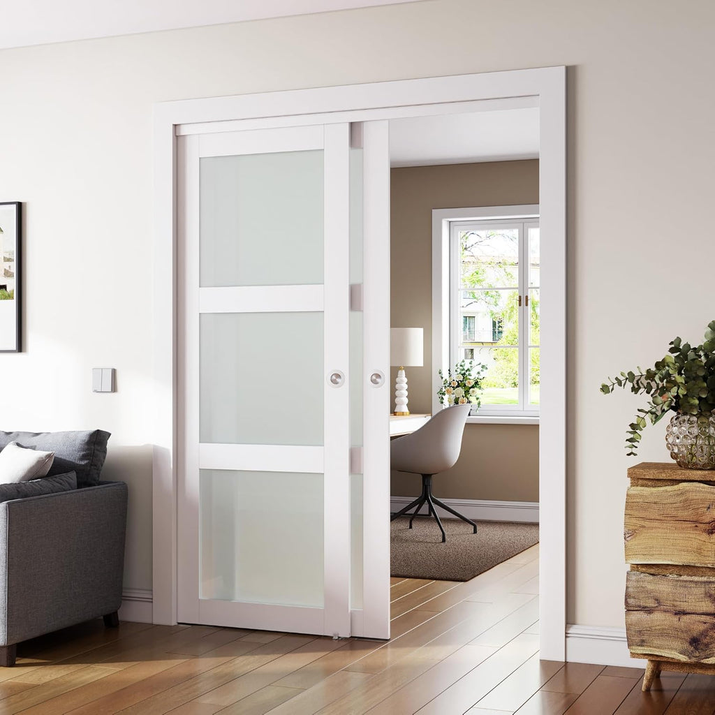 Sliding Closet Door, 72"×80"(Double Barn Doors 37"), Double Frosted 3 Panel Glass Sliding Door with 