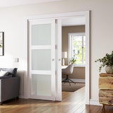 Sliding Closet Door, 72"×80"(Double Barn Doors 37"), Double Frosted 3 Panel Glass Sliding Door with 