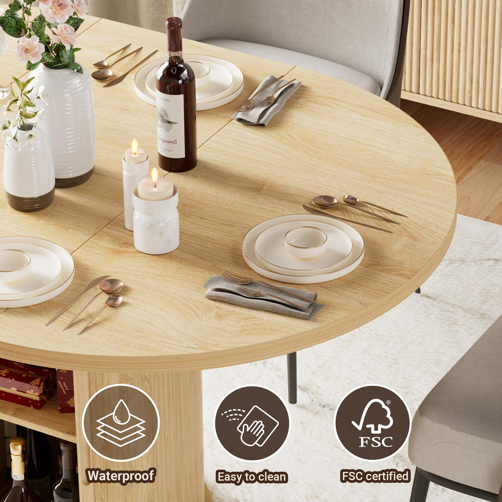 40''-55'' Extendable Round to Oval Dining Table with Storage for 4-6, Expandable Pedestal Transformer Dining Table