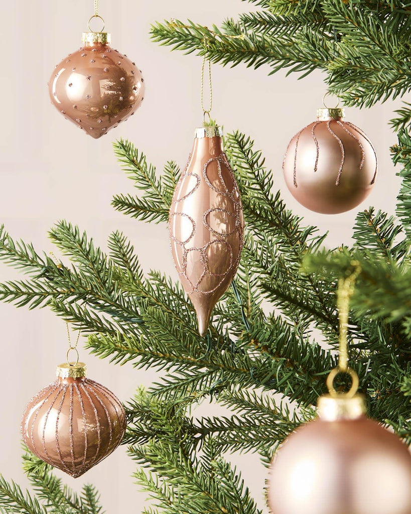 Rose Gold Glass Christmas Baubles Set of 20, Shiny Matt Glitter Ornaments