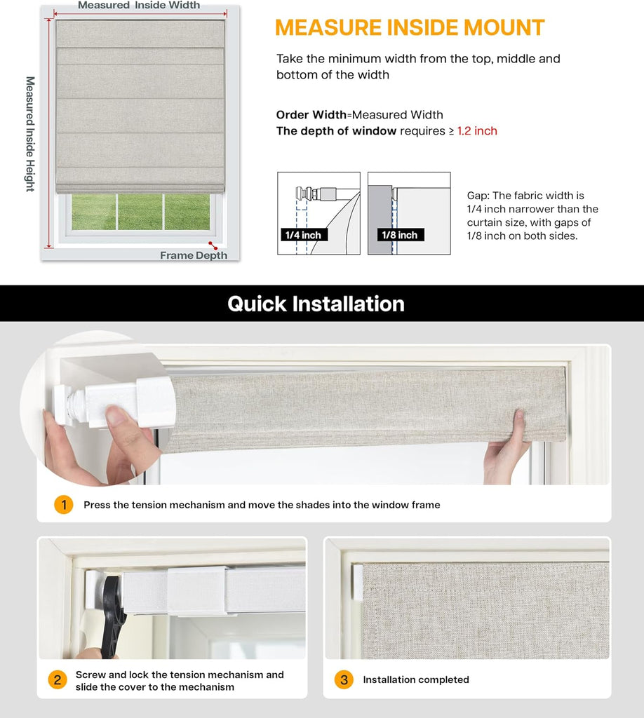 No Drill Roman Shades, Blackout, 28" W x 64" H, Beige | Cordless Blackout Window Shades with UV Protection, Polyester