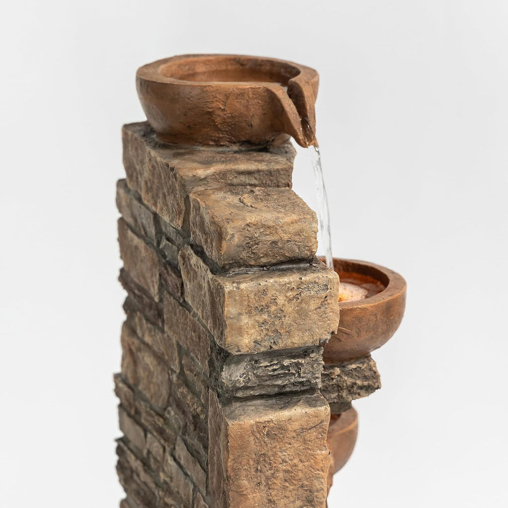 28.5" Outdoor 4-Tier Stacked Stone Cascading Water Fountain with LED Lights, Brown