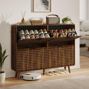 Fluted Shoe Storage Cabinet with 4 Flip Drawers, Walnut