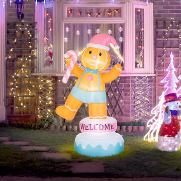 6FT Rotating Christmas Inflatable Gingerbread Man Decoration, Pink Lighted Blow Up Gingerbread Man, Weatherproof