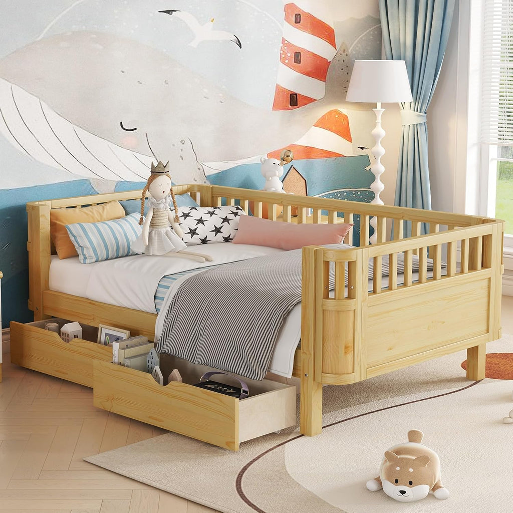 Twin Size Wood Floor Bed, Montessori Platform Daybed Frame with Safety Rails & Low Profile, Space Saving U-Shaped