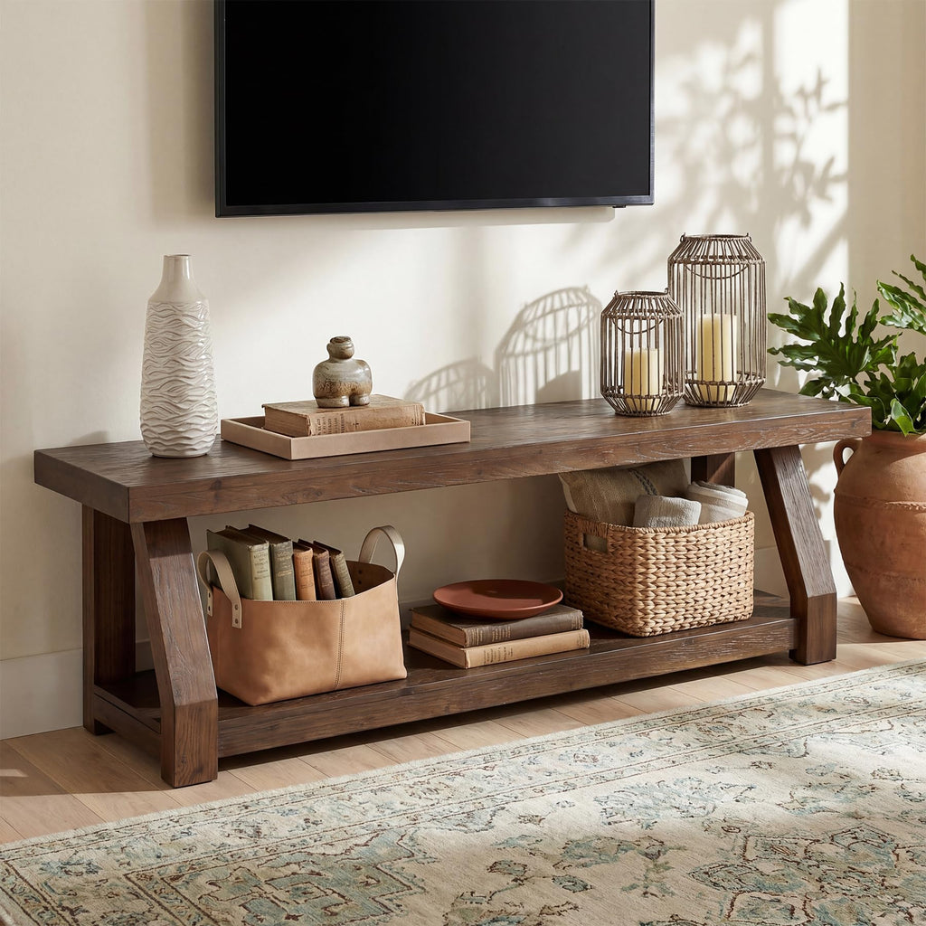 63" Solid Wood TV Stand, 2-Tier Media Console with Open Storage, Farmhouse Entertainment Center, Easy Assembly, Rich