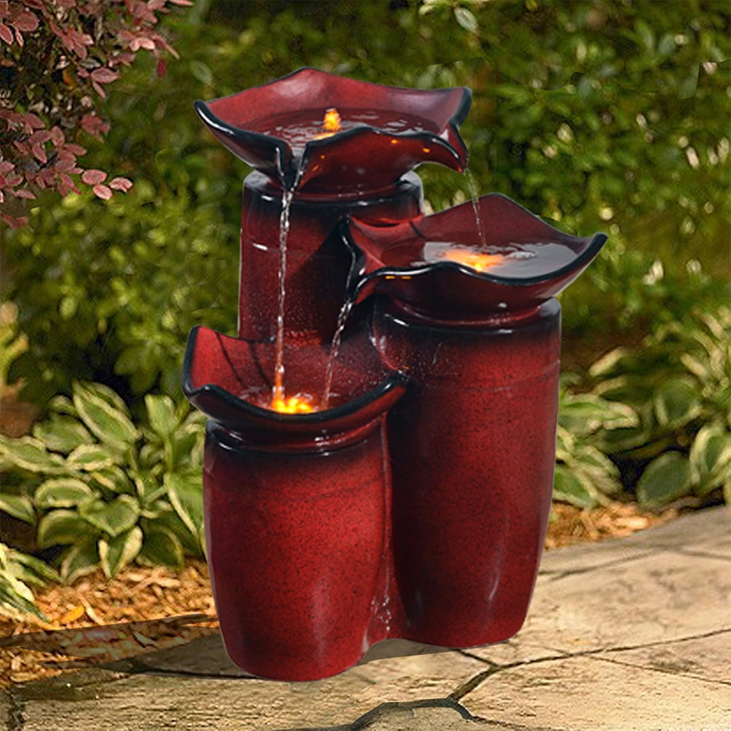 3 Tiered Floor Water Glazed Pots Fountain with LED Lights and Pump Patio Garden Backyard Decking Décor, 20 inch