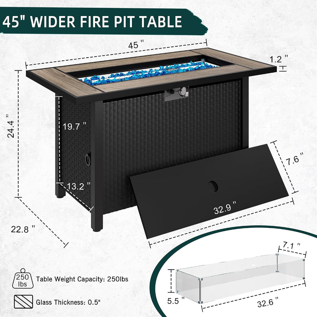 45 inch Gas Fire Pit Table, Patio Outdoor Propane Fire Pits with Removable Lid & Waterproof Cover, 50000 BTU with