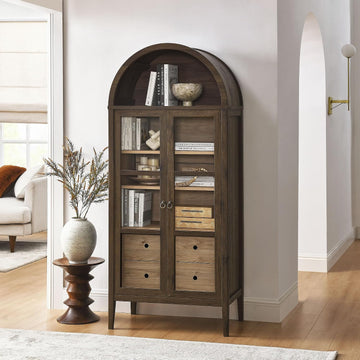 Nolan Modern Farmhouse 71 Inch Tall Arched Storage Display Cabinet in Walnut Hickory Wood Grain - 4-Tier Bookcase