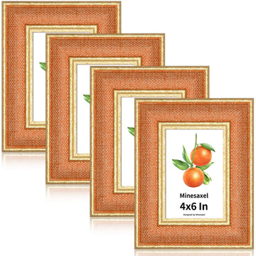 4x6 Picture Frame - Orange Fabric & Vintage Gold Border HD Real Glass with Easel for Tabletop/Wall (Family Photos