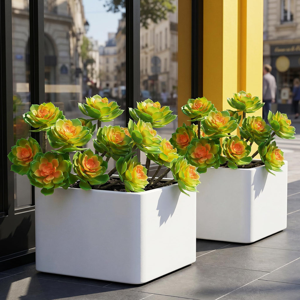 2 Pcs Large Artificial Succulent Plants, 14.2-Inch Green Orange Rounded Rosettes, 3 Heads Each, UV-Resistant Unpotted