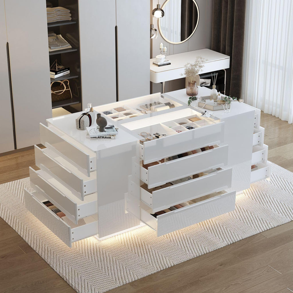Armoire Bedroom Island Wardrobe Closet Island with 16 Drawers & Glass Tabletop, Island Dresser with Jewelry