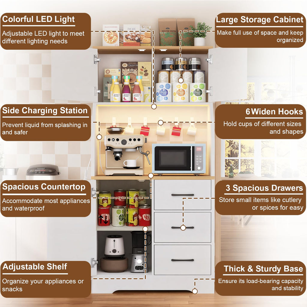 Pantry Cabinet with Adjustable Shelves and 3 Drawers, Tall Kitchen Pantry Storage Cabinet with LED Light & Charging
