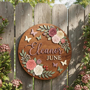 Personalized Wooden Name Sign, Custom Floral Round Wall Decor, Rustic Wooden Name Plaque, Nursery Room Decor