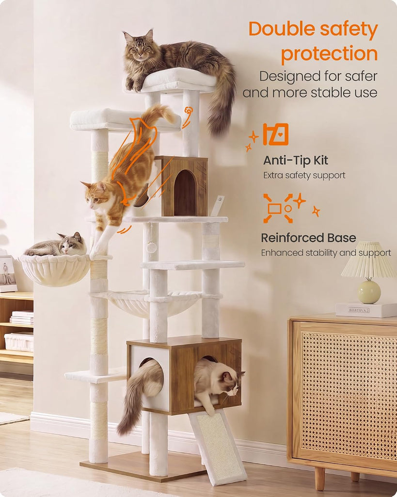 Tall Cat Tree, 8-Tier Wood Tower with 2 Condos, Scratching Post
