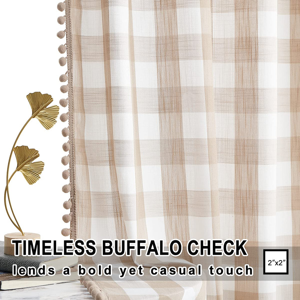 Buffalo Check Curtains 84" Pom Pom Farmhouse Gingham Drapes