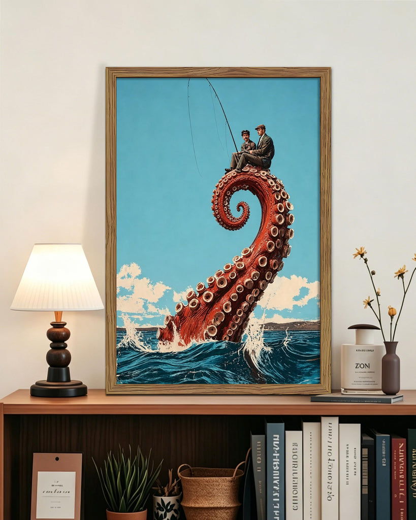 Framed Funny Octopus Canvas Wall Art Print Picture, Whimsical Sea Life Wall Decor Painting, Surreal Fisherman Sitting