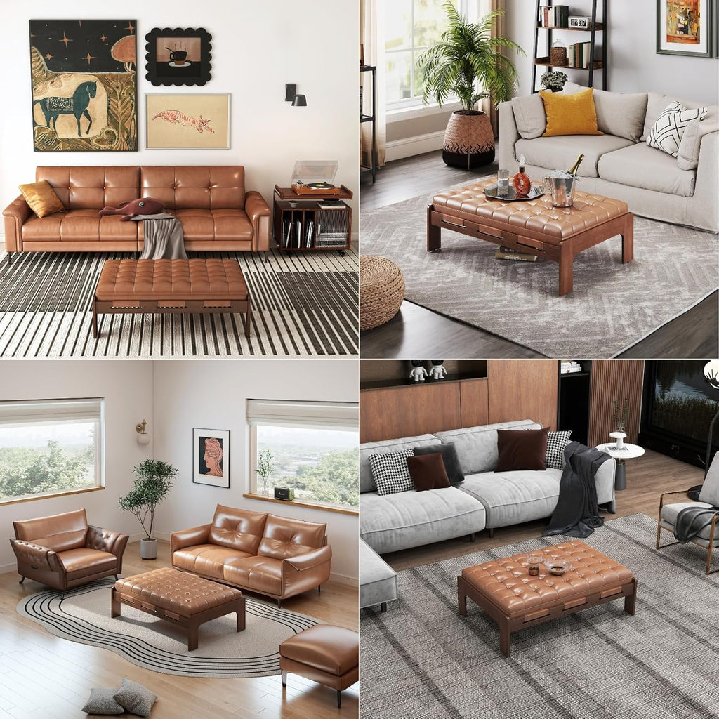 47.75" Large Rectangle Ottoman Coffee Table, Tufted Faux Leather Upholstered Living Room Coffee Table with Solid Wood