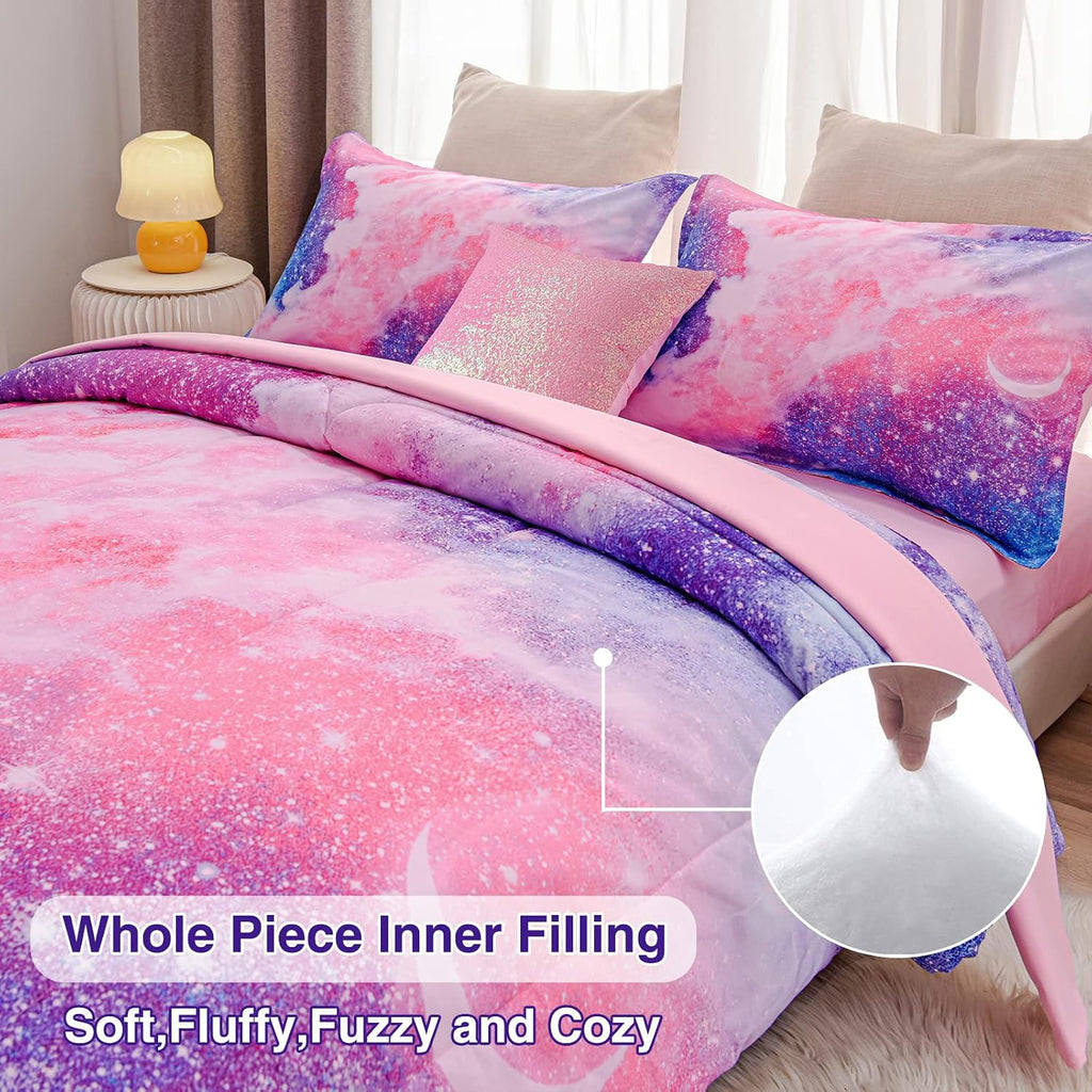 Galaxy Bedding Sets Outer Space Comforter 3D Printed Space Quilt Set Full 6Pcs Glitter Pink,for Children Boy Girl