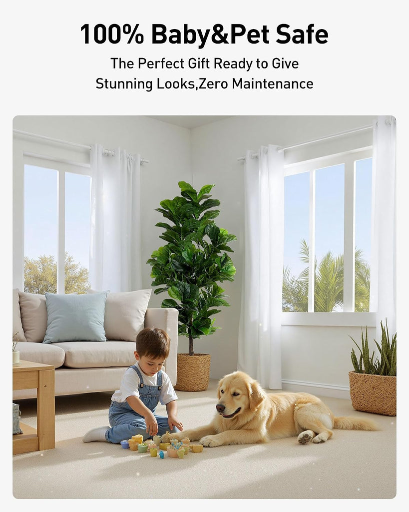 Fiddle Leaf Fig Tree 6ft Tall Artificial Tree in Plastic Pot Fake Ficus Lyrata Plants with 184 Decorative Fiddle