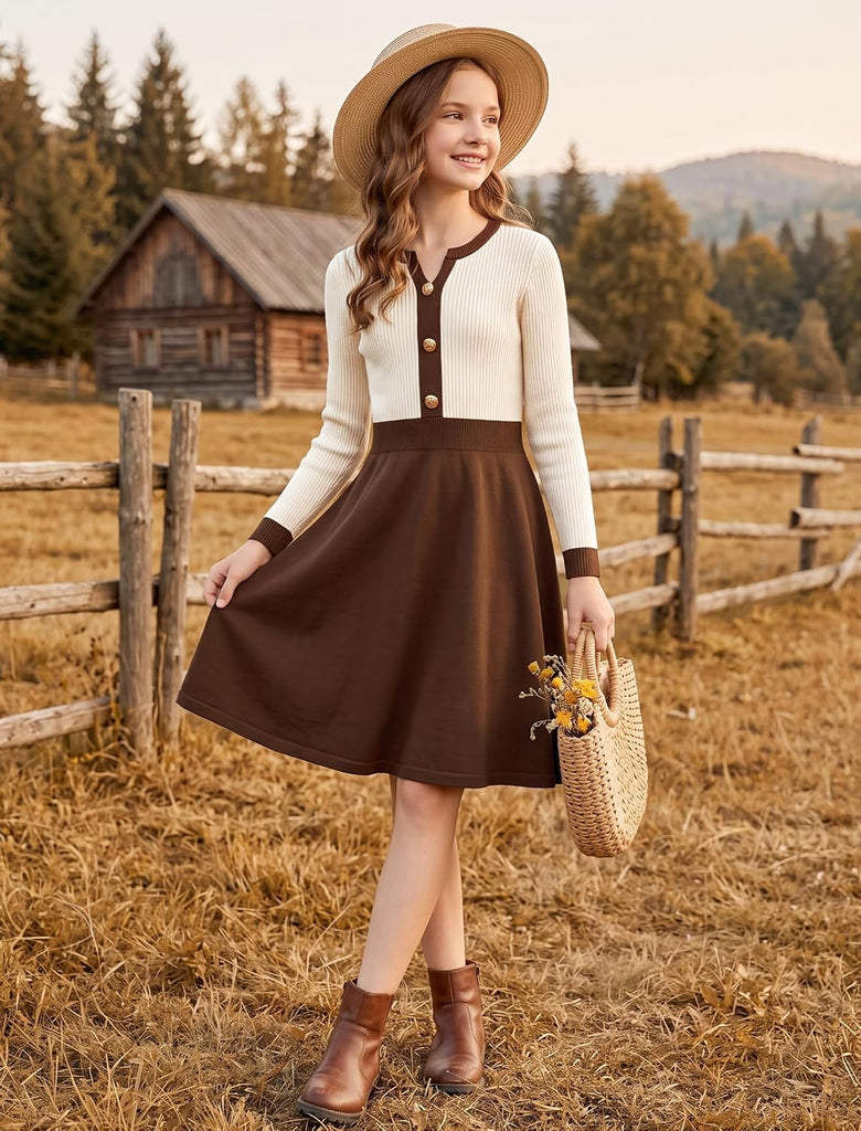 Girls Fall Sweater Dress V Neck Knit Button A Line Contrast School Casual Holiday Winter Long Sleeve Dresses