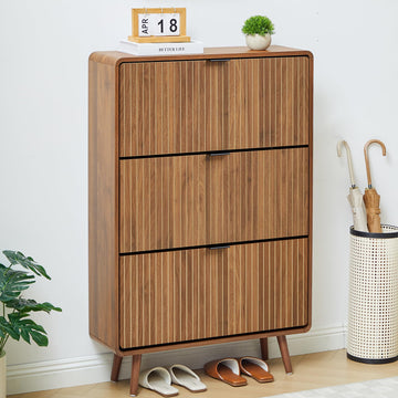 Narrow Shoe Cabinet Storage, Slim Tall Shoe Cabinet with 3 Flip Drawers, Fluted Shoes Rack Organizer (All Walnut, 3