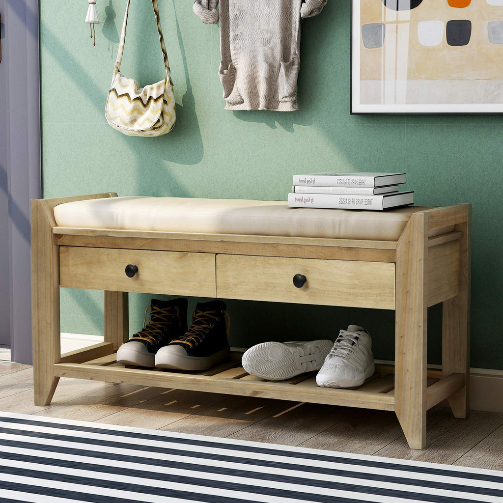 Storage Bench, Shoe Rack with Upholstered Seat and 2 Drawers, Solid Wood Entryway Storage Bench with Shoe Rack