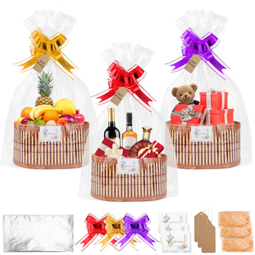 3 Pack Baskets for Gifts Empty, Woven Bamboo G-ift Basket Kit with Wrap Bags, Gift Card, Raffia and Pull Bows, Gifts