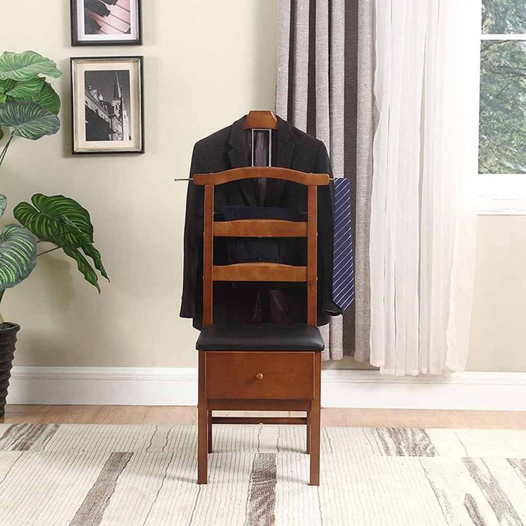 Brown Valet Stand with Drawer & Office Chair Hanger, Men's Organizer for Clothes, Watches, Keys & Accessories