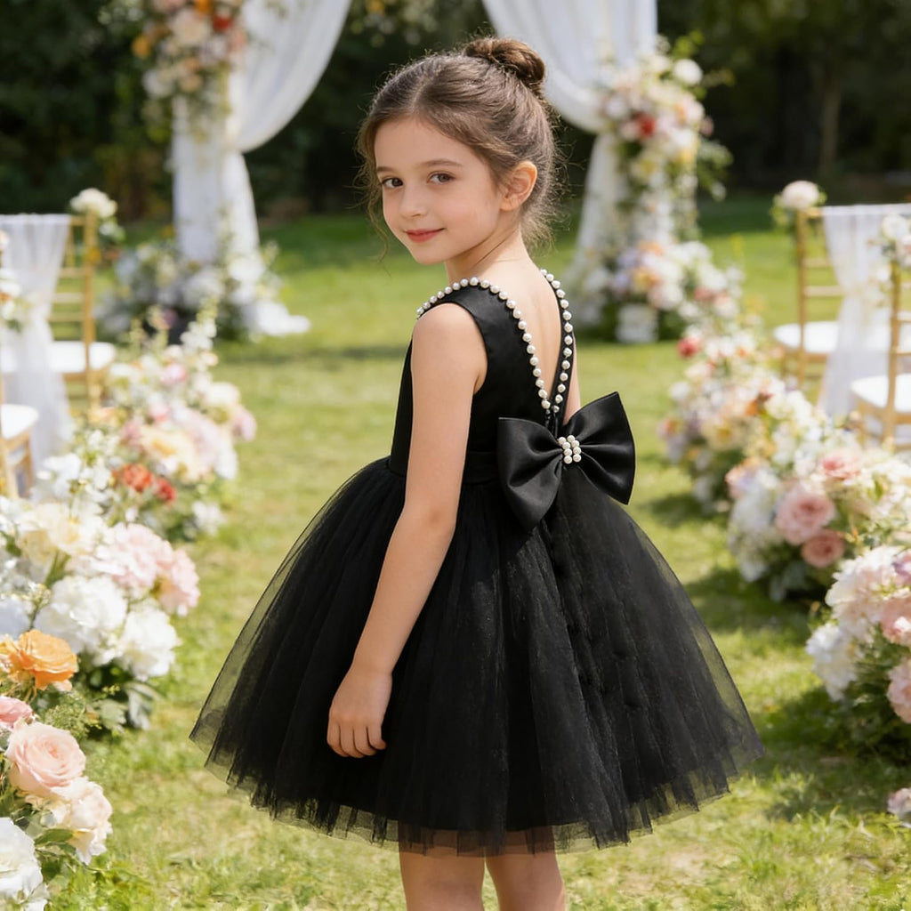 Toddler Baby Girls Pearl Backless Big Bowknot Tutu Gown Party Wedding Ball Gown Princess Dress with Headwear