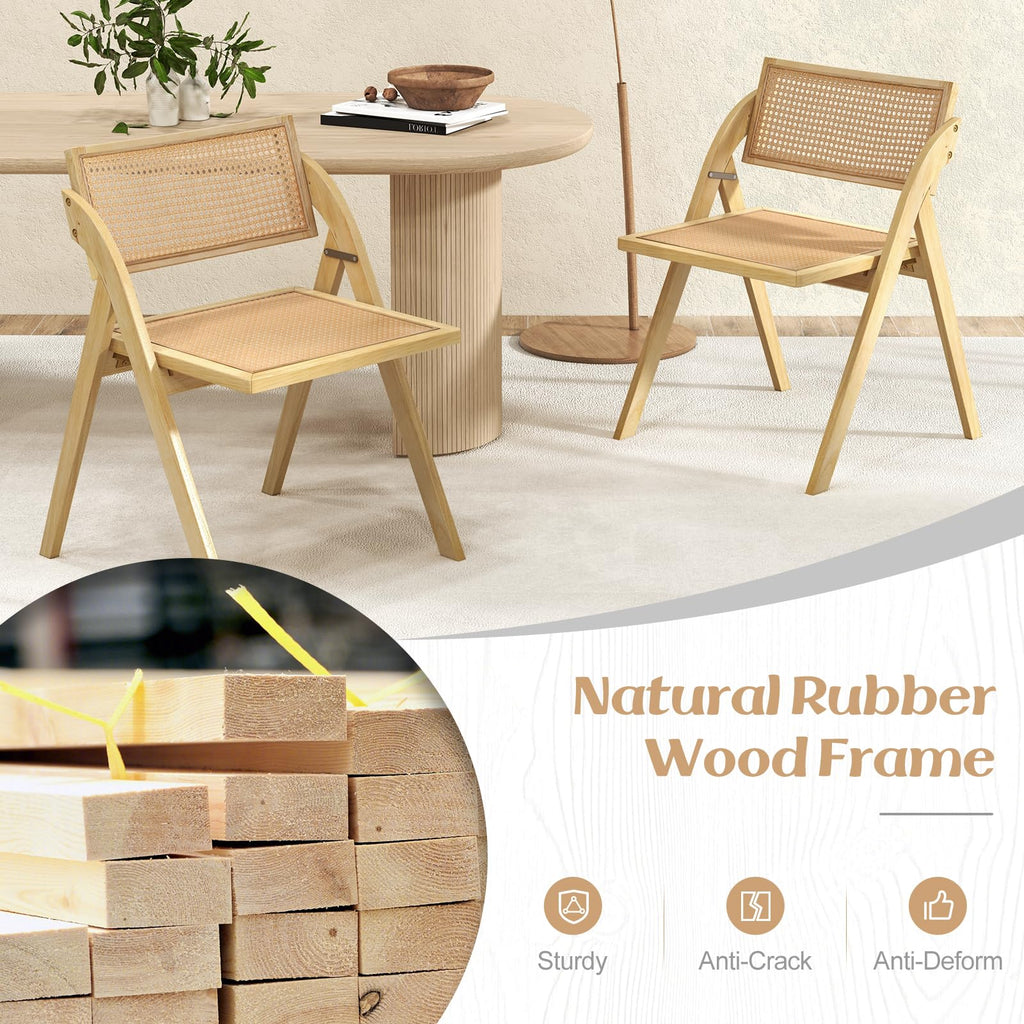Folding Dining Chairs Set of 2, Wooden Folding Chair with Rattan Backrest & Seat, Sturdy Rubber Wood Frame, Armless