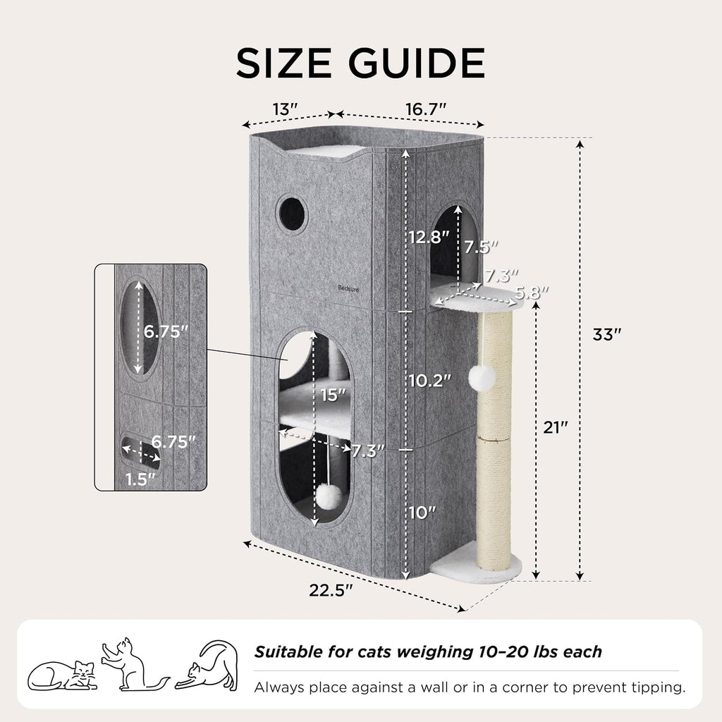 3-Level Cat Tree for Indoor Cats with Scratching Post, Grey