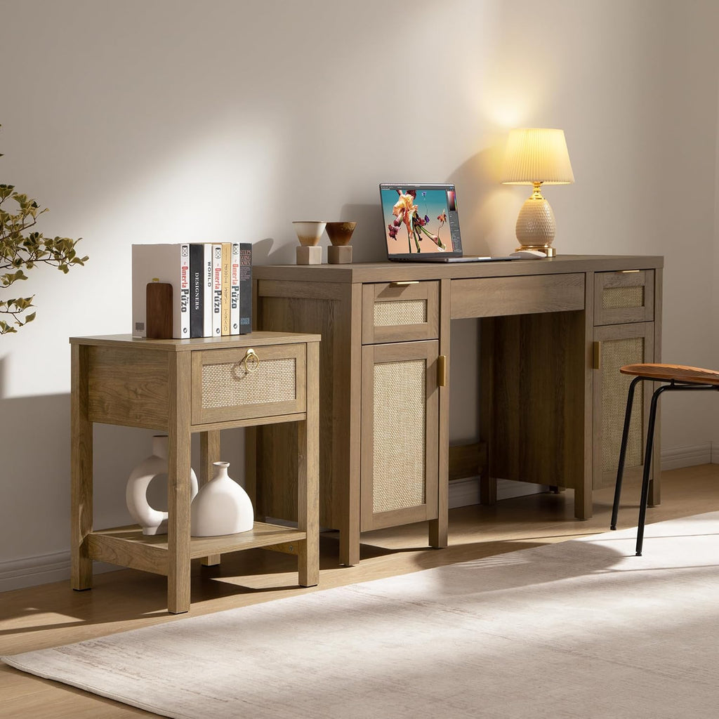 Rattan Nightstand Set of 2, Rattan Decor Drawer with Brass Knobs Night Stand Bedside Table Boho End Tables Side