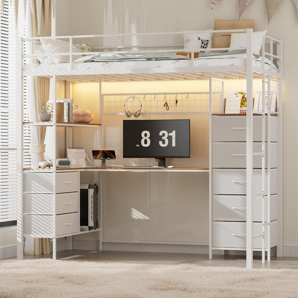 Twin Loft Bed with Desk, LED Lights, Charging Station