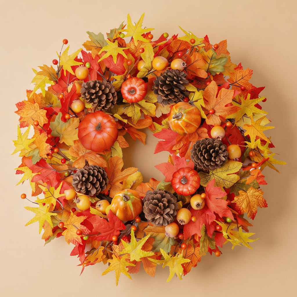 Fall Wreaths for Front Door 24 Inch Fall Wreath with Orange Pumpkins Pinecones Maple Leaves Large Berries Autumn
