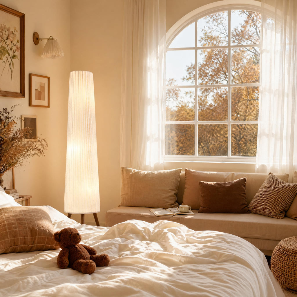 60 Inch Oatmeal Wood Floor Lamp, Color Temperature Adjustable