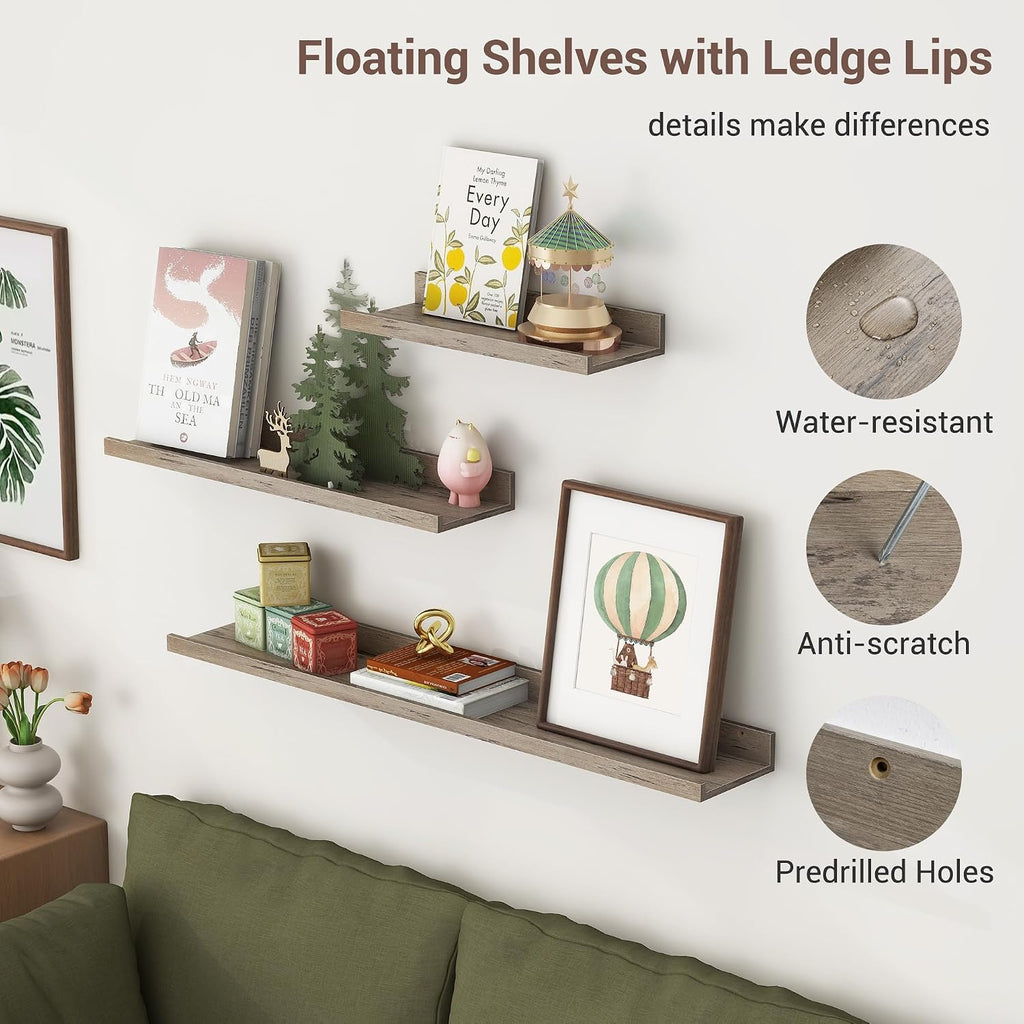 Picture Ledge Shelf, 48 Inch Grey Floating Shelves Set of 3 | Wall Shelves with Lip, Rustic Grey Wood Picture Shelf