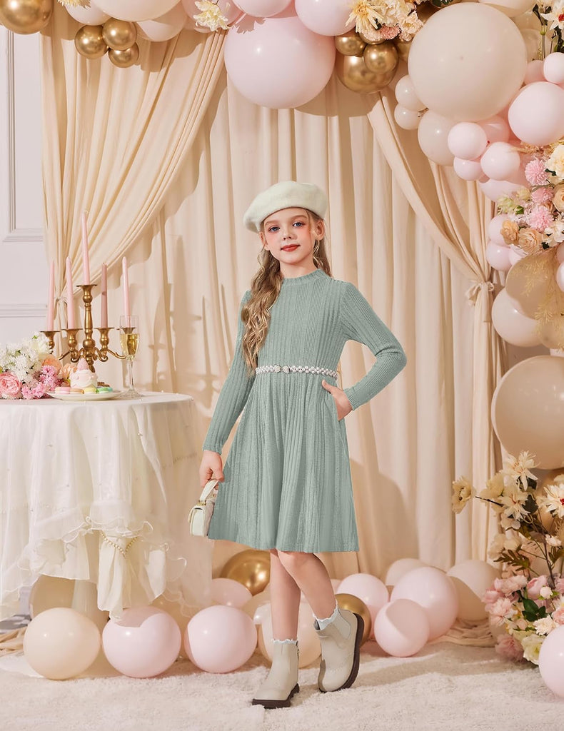 Girls Dresses Long Sleeve A Line Knit Sweater Dress with Pockets