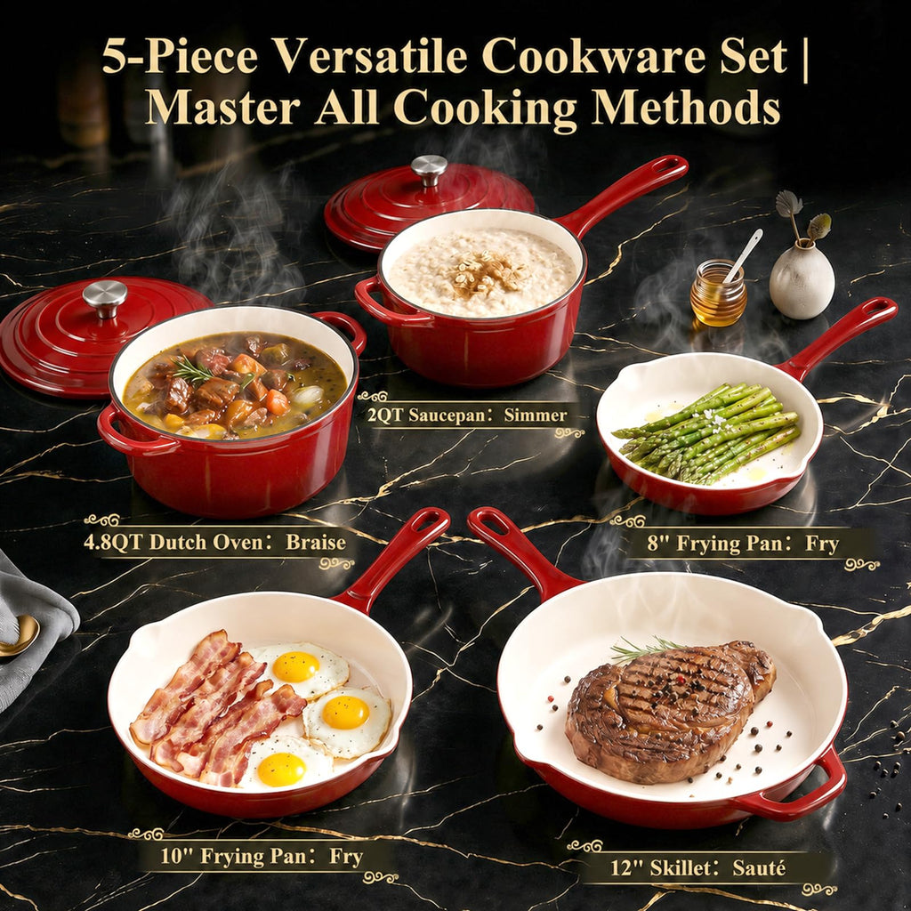Nonstick Enameled Cast Iron Cookware Set, 5-Piece Pots and Pans Set with Lids, Skillet, Frying Pan, Saucepan & Dutch