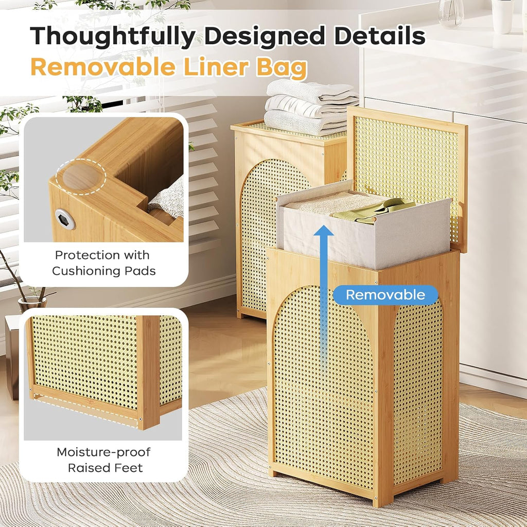 Bamboo Laundry Hamper with Lid, 16.9" x 13.4" x 26.8" Wooden Clothes Basket with Removable Liner Bag, Space-Saving