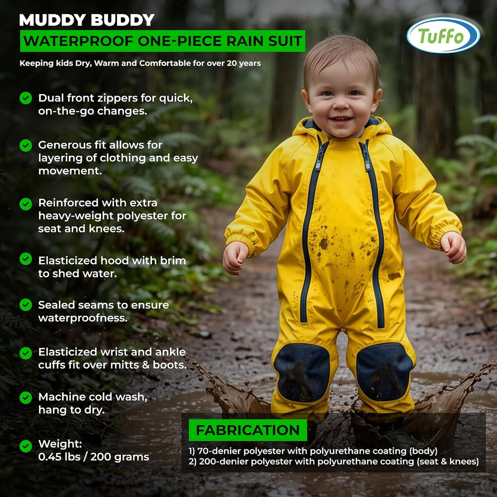 Muddy Buddy Kids Waterproof Rain Suit One-Piece Coverall, Dual Zippers, Sealed Seams, Reinforced Knees - Boys & Girls