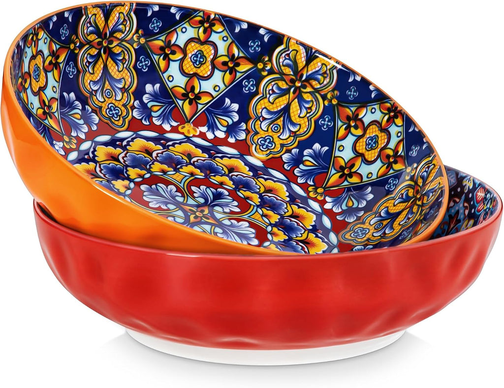 Large Serving Bowls,78 Oz Salad Bowls Set of 2,Serving Dishes-Red | Bohemian Decorative Bowls for Salad, Fruit, Pasta
