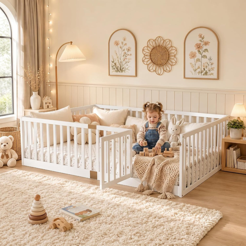 Montessori Floor Bed with High Rails, Door & Slats for Kids, White