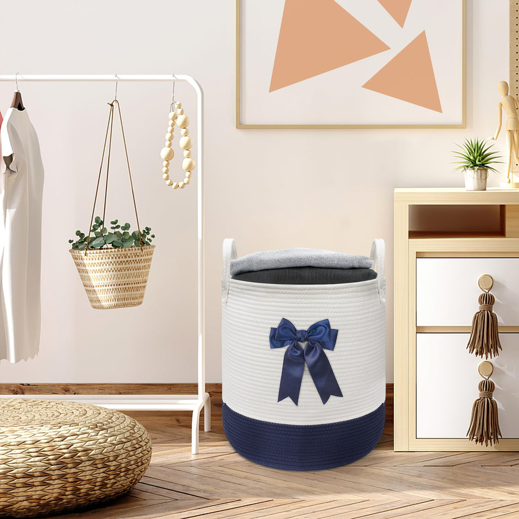 Blue Laundry Hamper with Bow, Tall Storage Basket