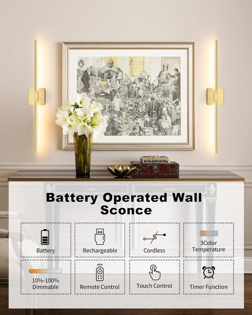Gold Battery Operated Wall Sconces with Remote Control | 3000/4500/6000K Dimmable 8000mAh Wireless Rechargeable Wall