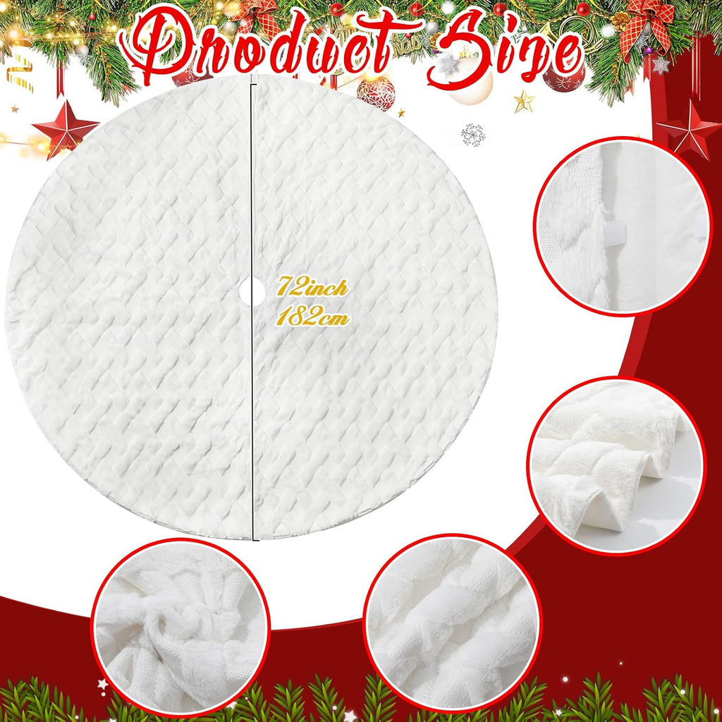72 Inch Faux Fur White Christmas Tree Skirt for 7.5ft to 12ft Tree with Diamond Textured Pattern Christmas Large Tree