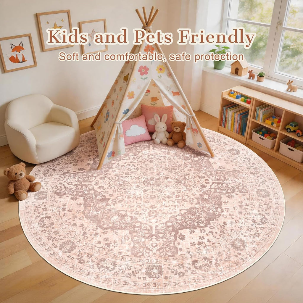 Boho 8ft Vintage Washable Round Area Rug