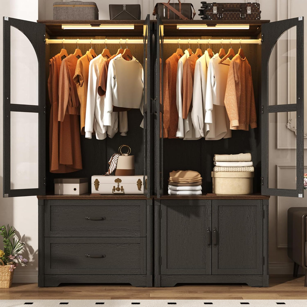 Tall Farmhouse 4 Doors Armoire Wardrobe Closet with LED ,72" Freestanding Arched Wardrobe Closet Cabinet w Glass