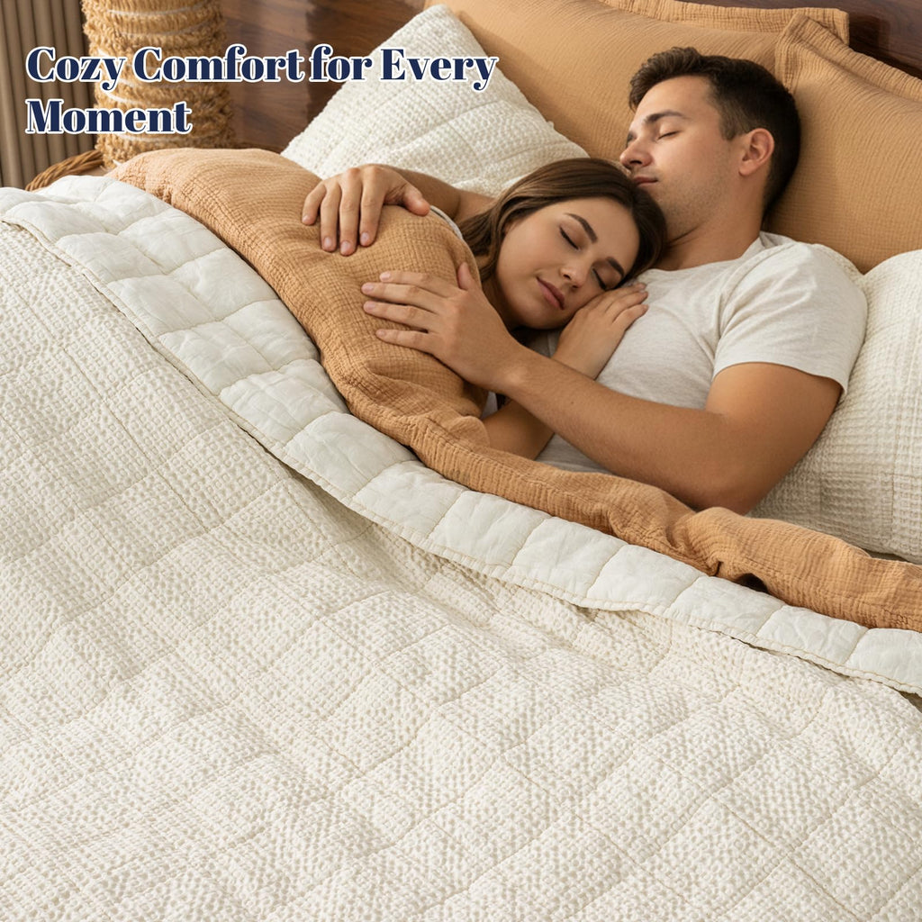 Enzyme-Washed Waffle Quilt Set (106"x90") - 100% Cotton Cover, 3PCS Soft Lightweight Square Quilted Bedspread