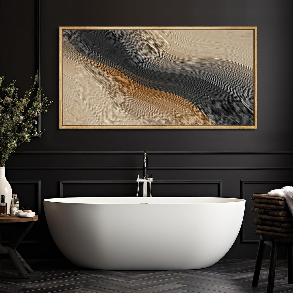 Extra Larg Framed Canvas Print Wall Art Abstract Wave Pattern Neutral Black and Brown Modern Geometric Illustrations